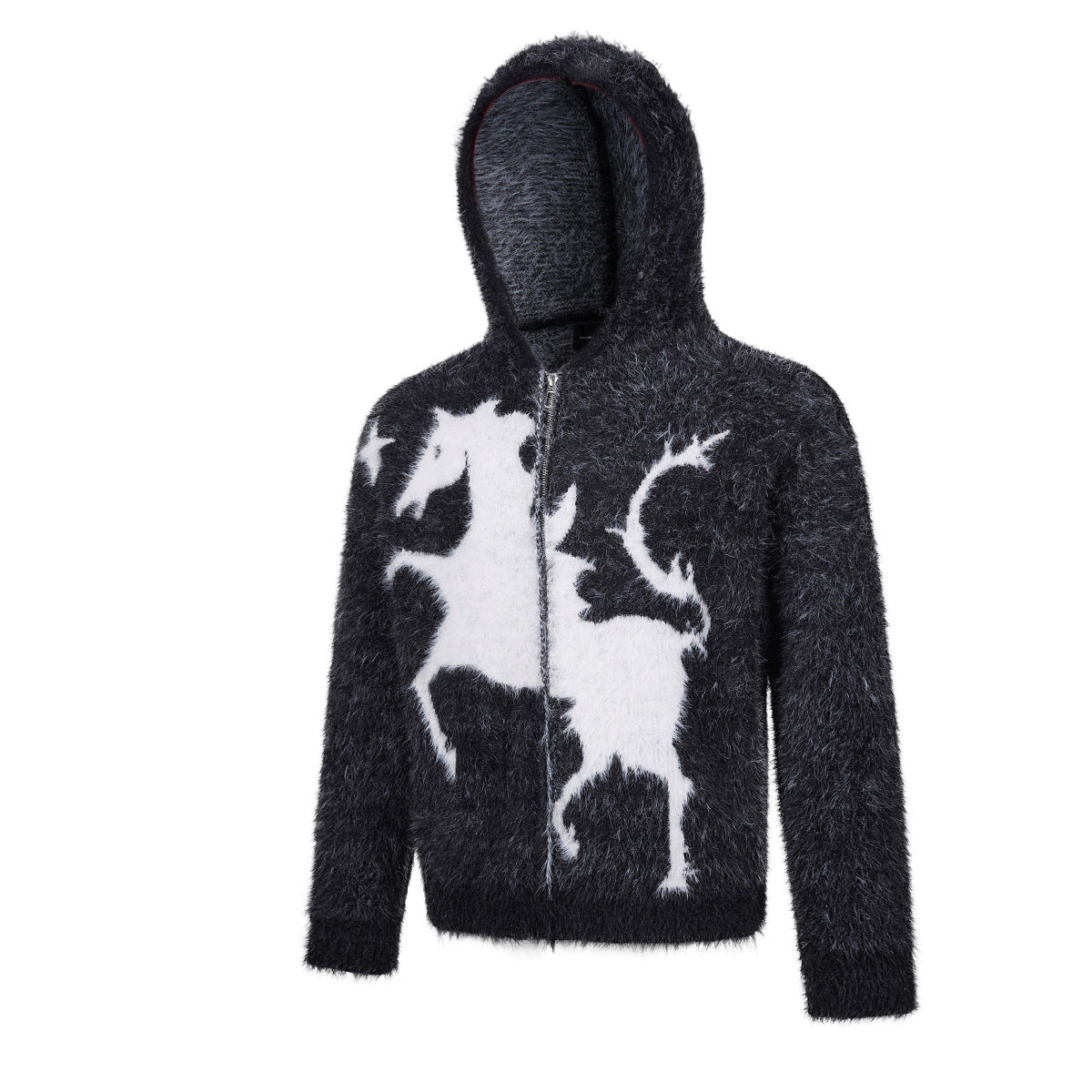 Sweat à capuche zippé en maille duveteuse – Motifs licorne et étoiles