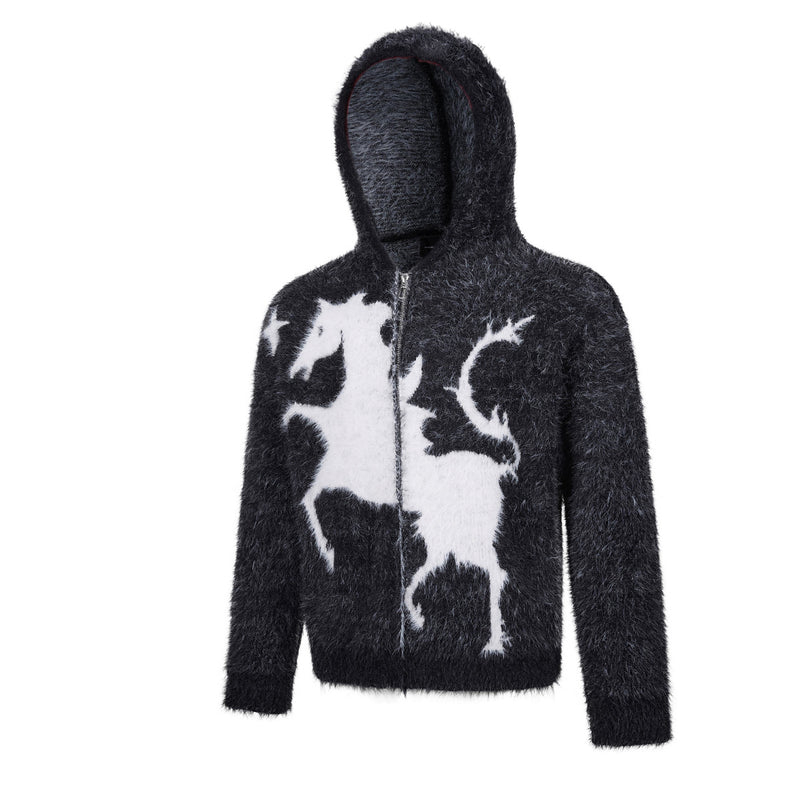 Sweat à capuche zippé en maille duveteuse – Motifs licorne et étoiles