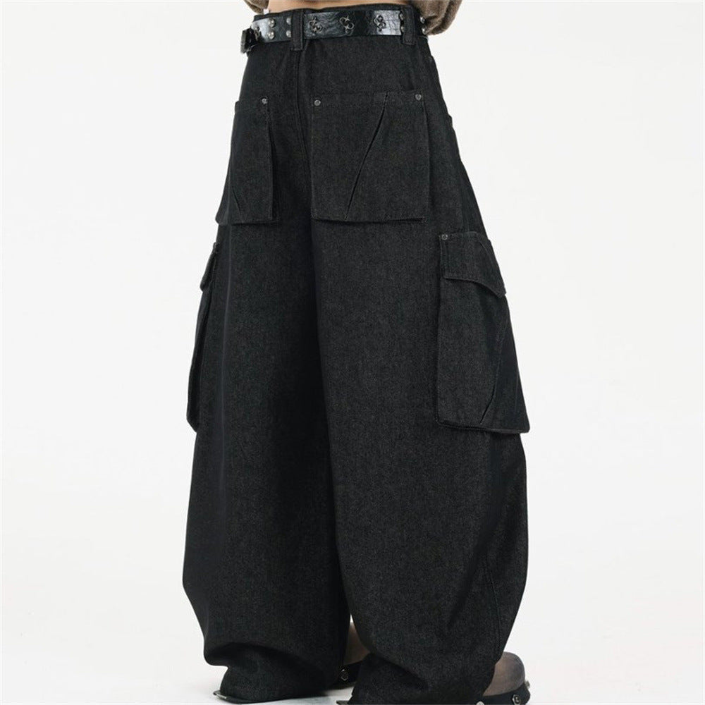 Black Baggy Cargo Jeans Men – Wide-Leg Denim with Large Utility Pockets