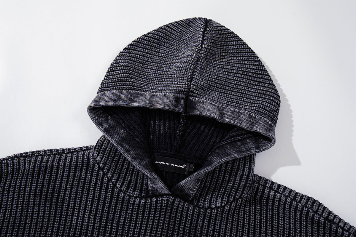 Washed Ribbed Knit Hoodie Sweater – Vintage Acid-Wash Oversized Pullover