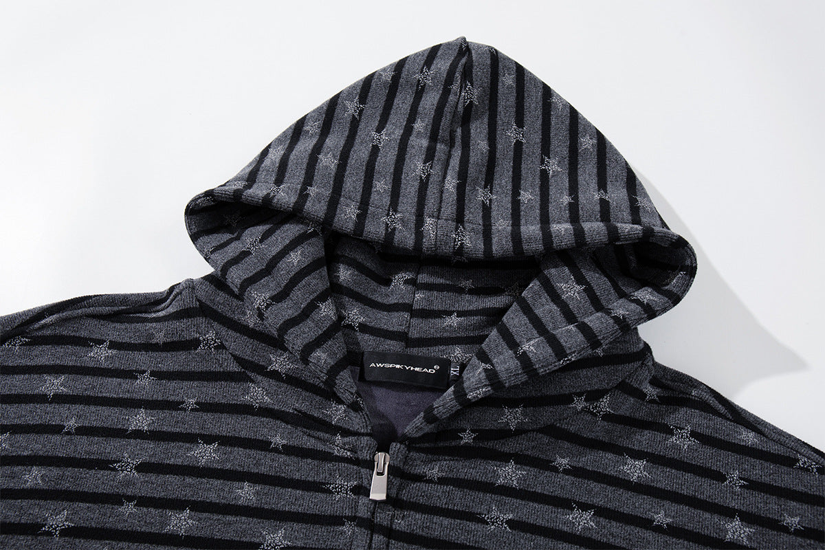 Striped Star Print Zip-Up Hoodie – Relaxed Fit Full-Zip Sweatshirt