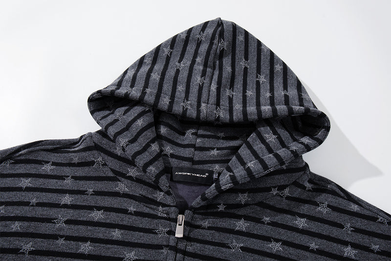Striped Star Print Zip-Up Hoodie – Relaxed Fit Full-Zip Sweatshirt