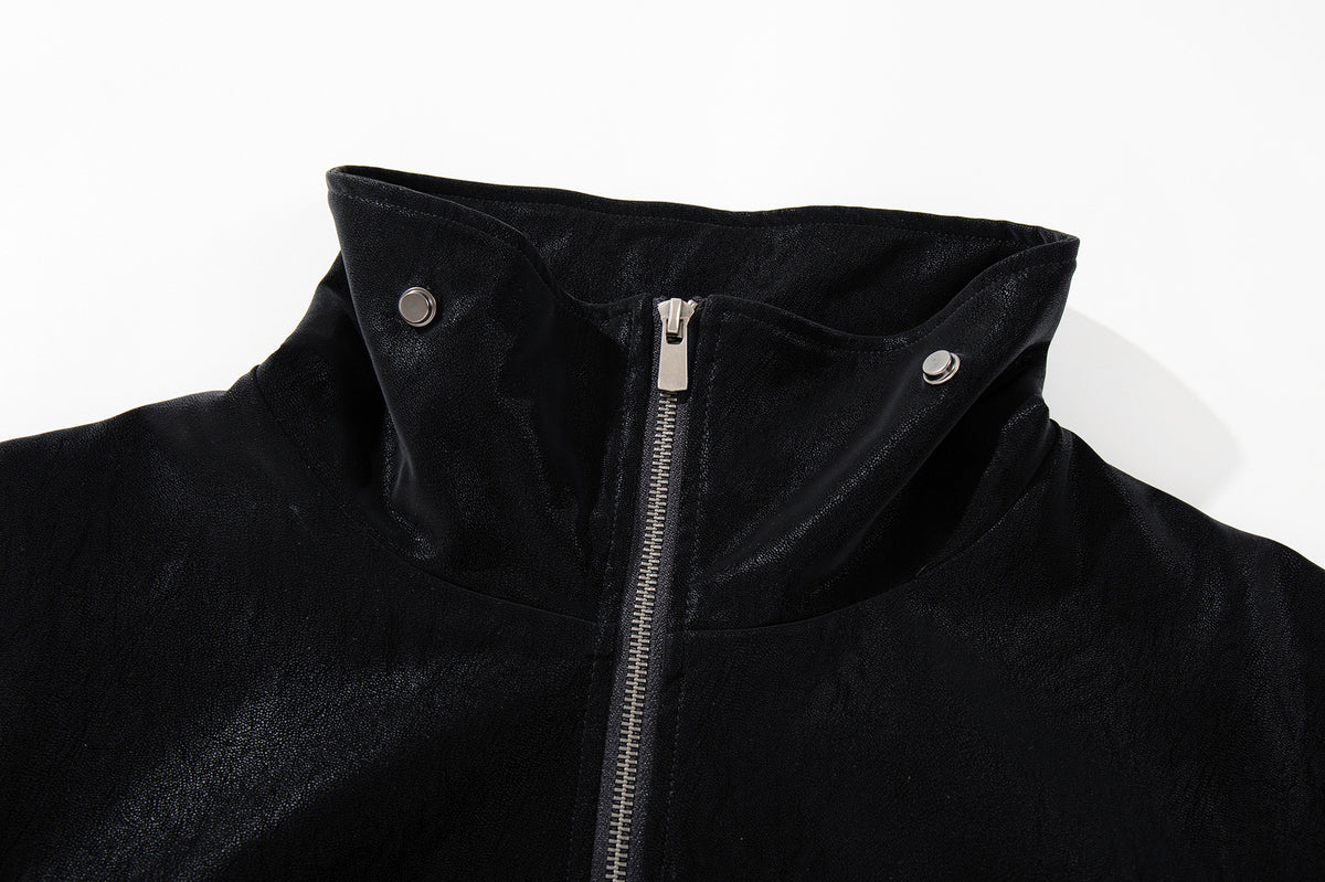 Oversized Black Leather Jacket Faux PU Bomber with High Collar