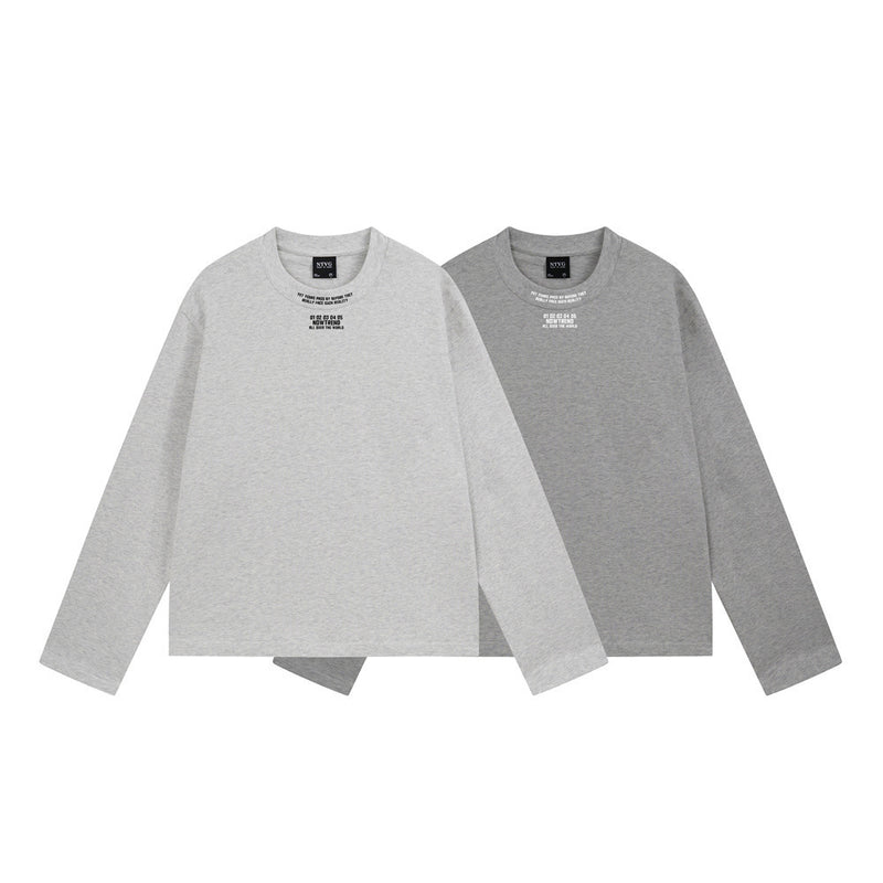 Langarm-T-Shirt mit Rundhalsausschnitt – minimalistischer Schriftprint, meliertes Grau
