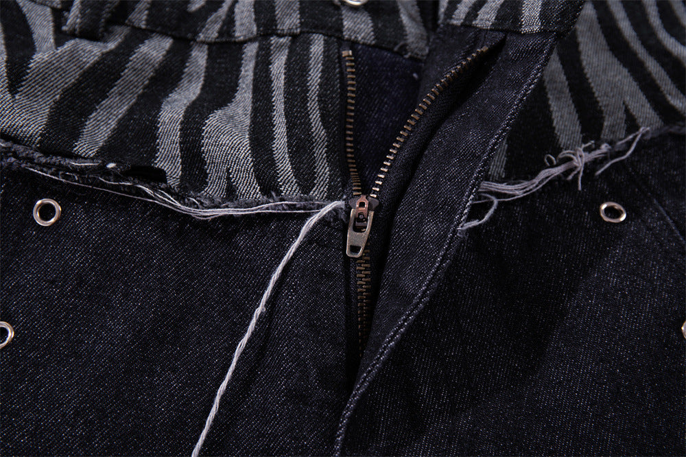 Wide-Leg Zebra Print Patchwork Jeans – Dark Wash Denim with Raw-Edge Waistband