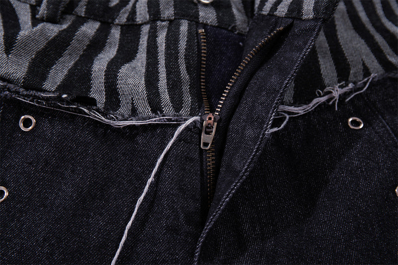 Wide-Leg Zebra Print Patchwork Jeans – Dark Wash Denim with Raw-Edge Waistband