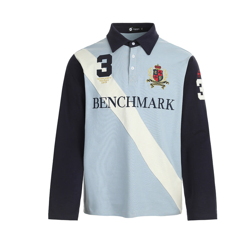 Benchmark Long-Sleeve Rugby Polo Shirt – Colorblock Diagonal Stripe & Crest