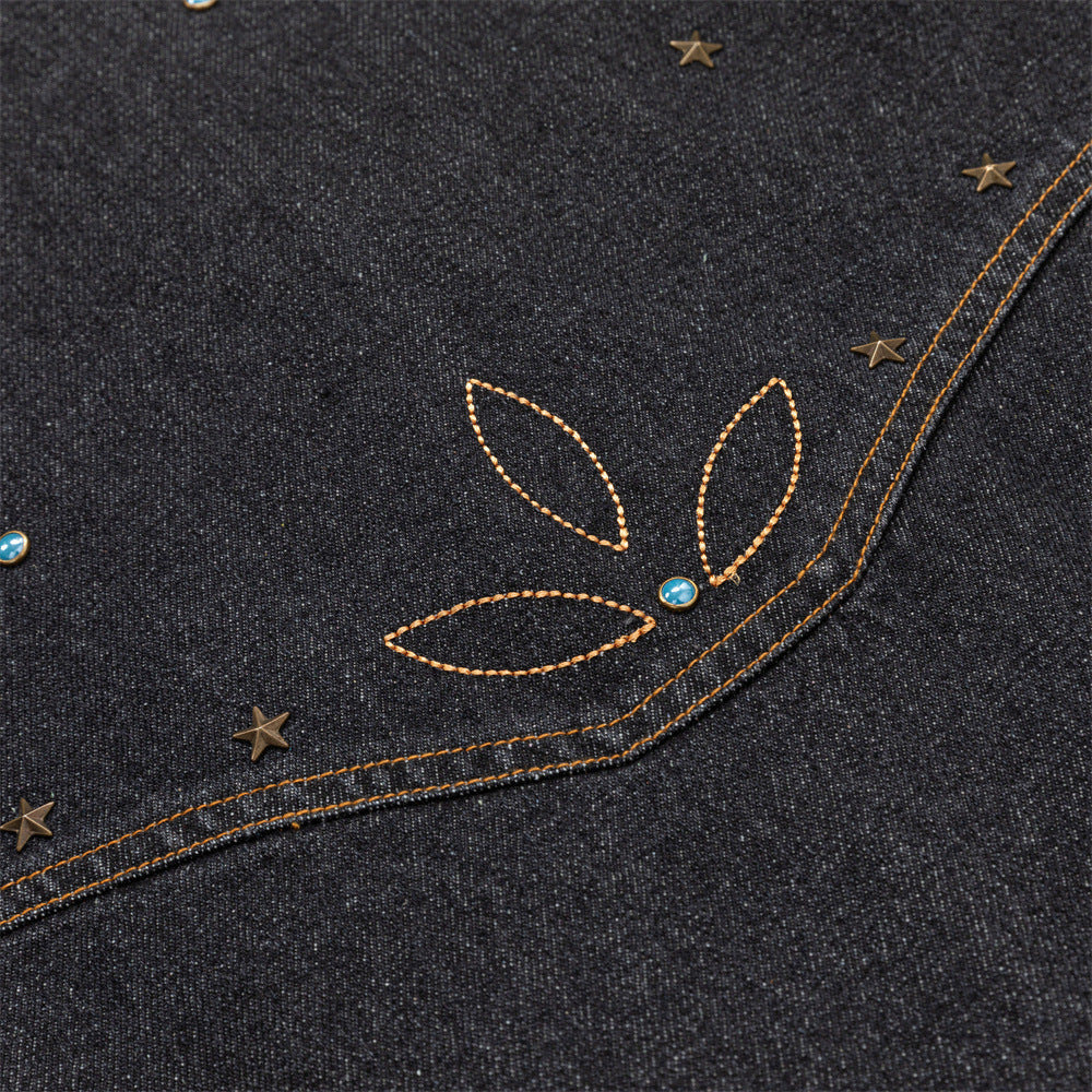 Black Denim Jacket with Embroidered Stitch Detail and Studded Accents
