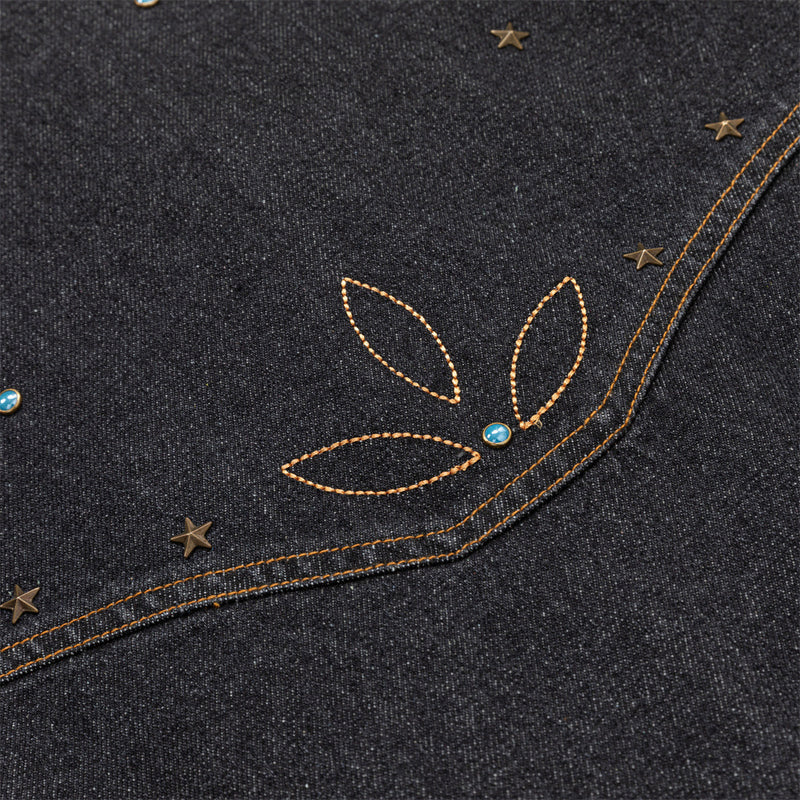 Black Denim Jacket with Embroidered Stitch Detail and Studded Accents