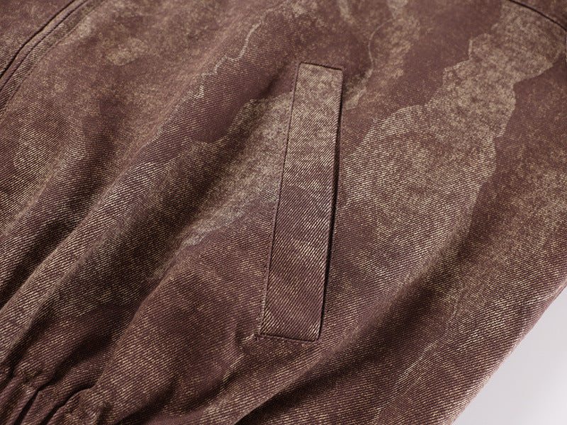 Men's Brown Bomber Jacket Vintage Washed Camo-Pattern Zip-Up Outerwear