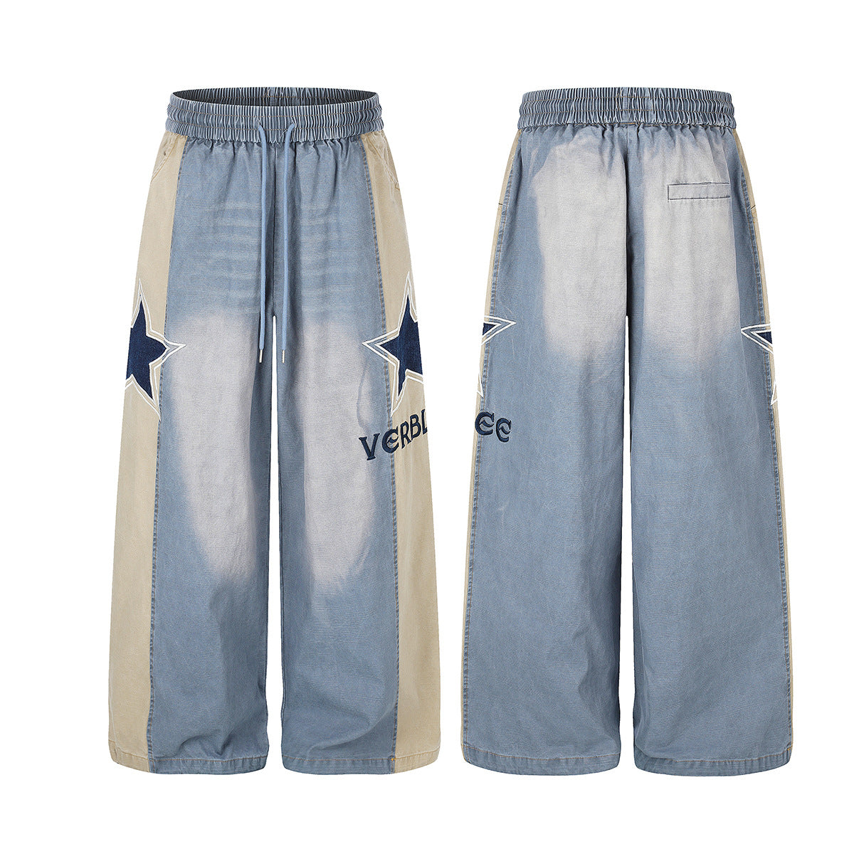 Jean wide leg délavé color block avec écusson étoile – Style street américain décontracté