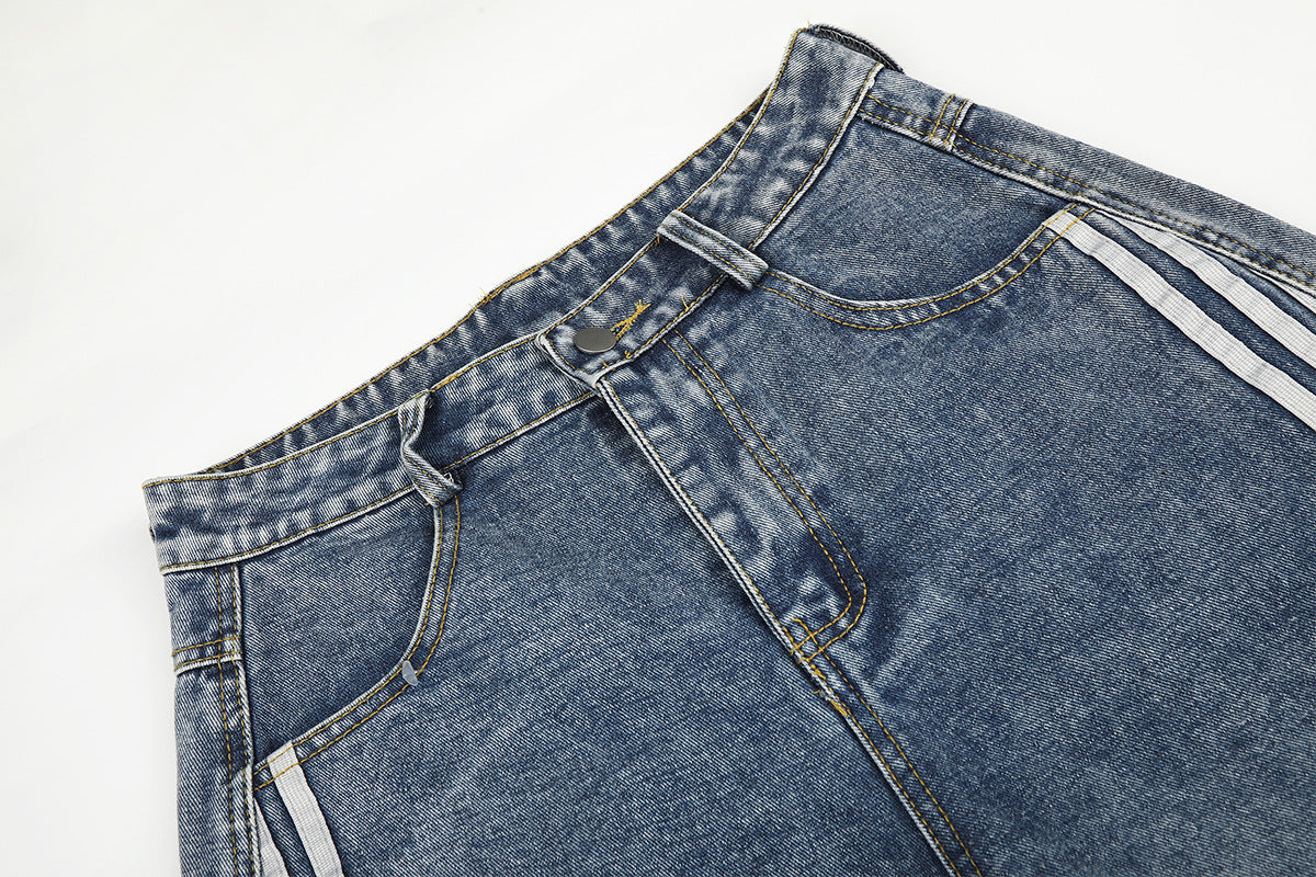 High Waist Baggy Jeans – Star Print Wide-Leg Denim with Triple Stripe Detail