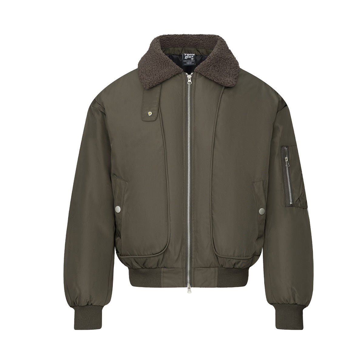 Sherpa collar padded bomber jacket in olive green with silver zipper, patch pockets, and ribbed cuffs