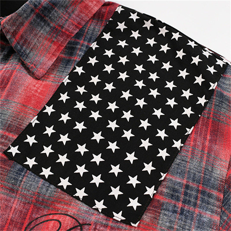 Washed Plaid Long Sleeve Shirt with American Flag Patchwork – Oversized