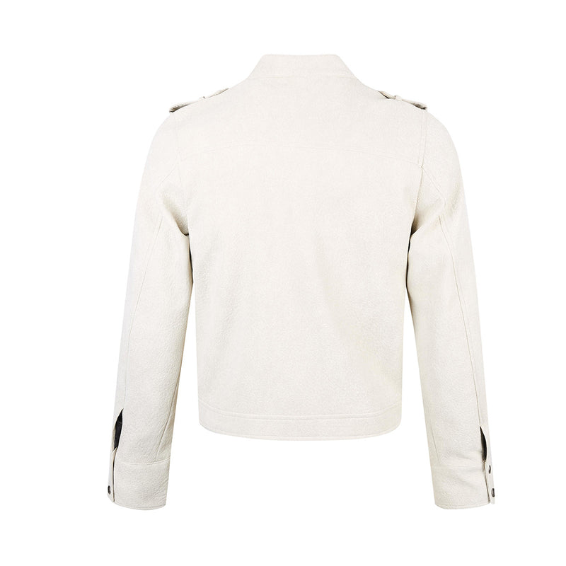 Military-Style Faux Leather Jacket with Double-Breasted Buttons & Zip Front