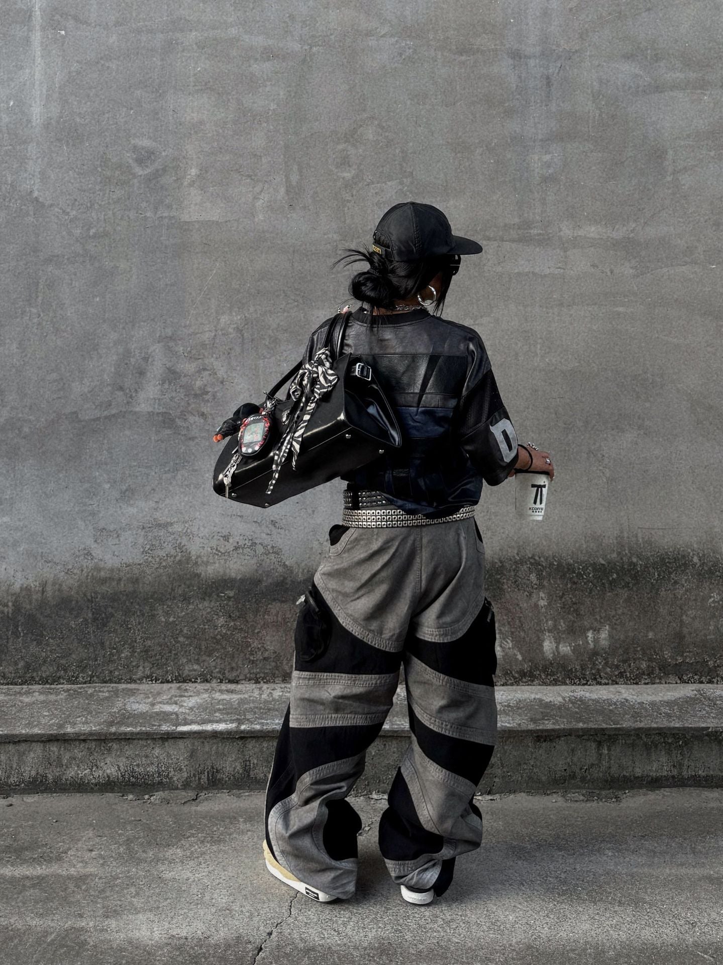 Baggy Cargo Pants Men's Black Grey Patchwork Wide-Leg Tactical Trousers