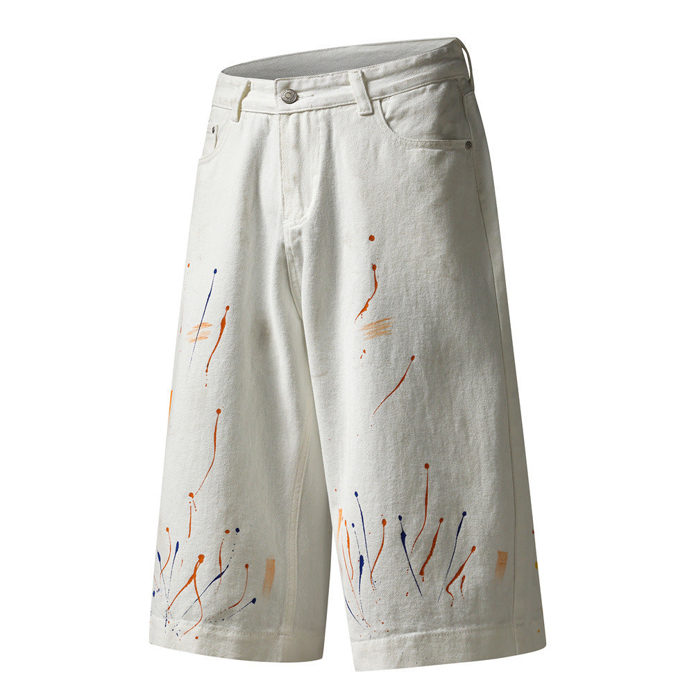 Paint Splatter Denim Shorts – Wide Leg Hip-Hop Street Style