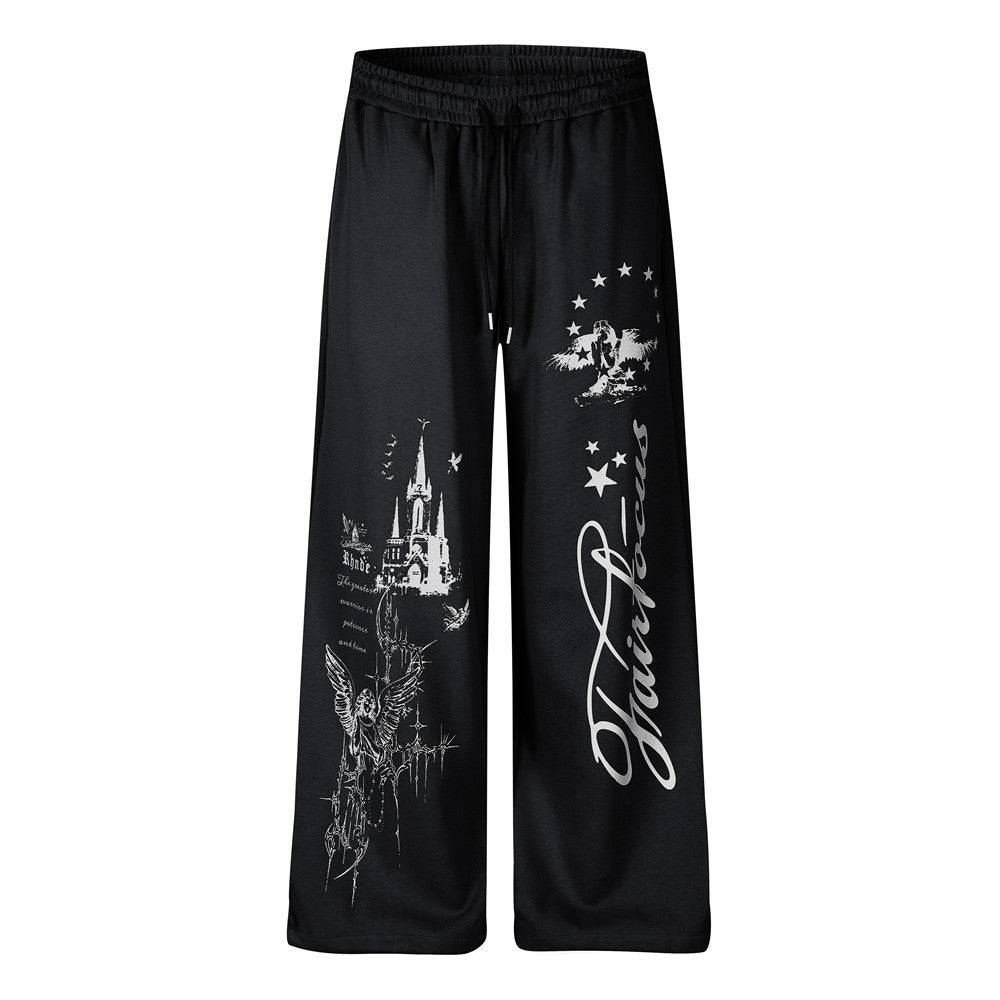 Wide-Leg Sweatpants with Castle & Angel Graphic Print – Streetwear Jogger Pants