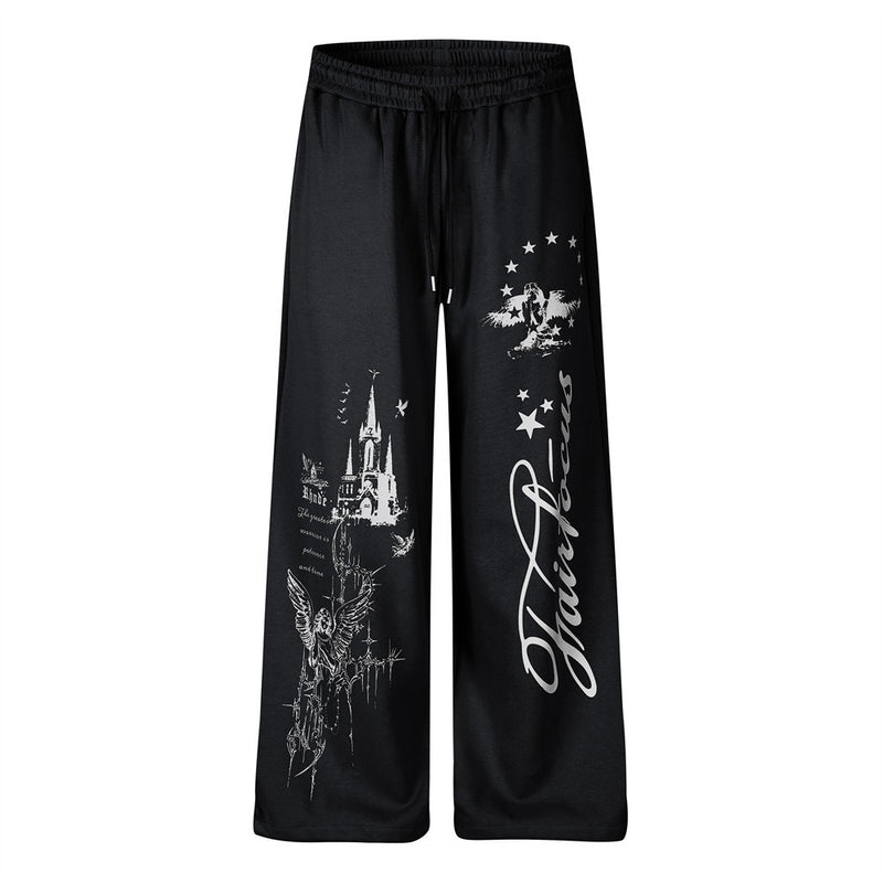 Wide-Leg Sweatpants with Castle & Angel Graphic Print – Streetwear Jogger Pants