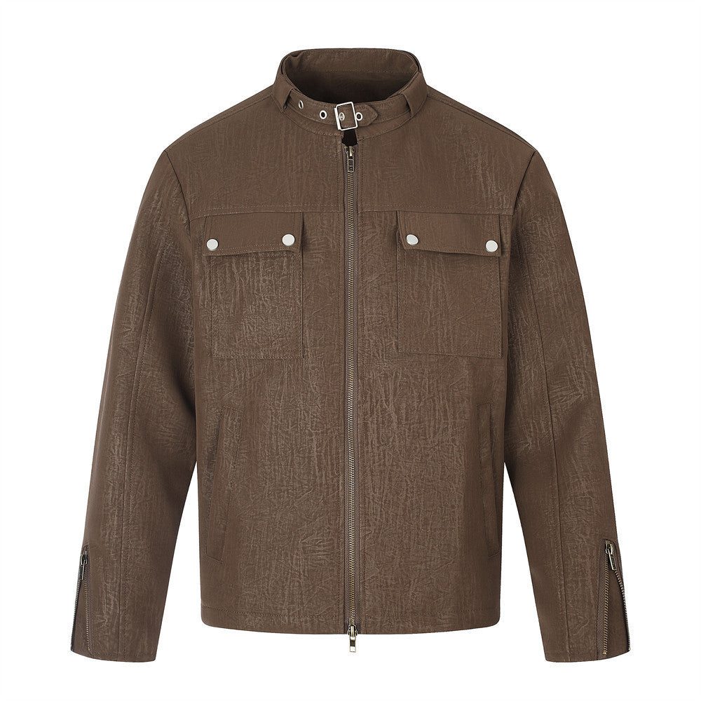 Casual Jacket for Men – Relaxed Fit Stand Collar Moto Jacket with Dual Zip &