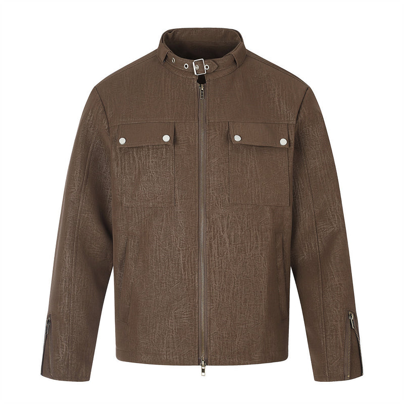 Casual Jacket for Men – Relaxed Fit Stand Collar Moto Jacket with Dual Zip &