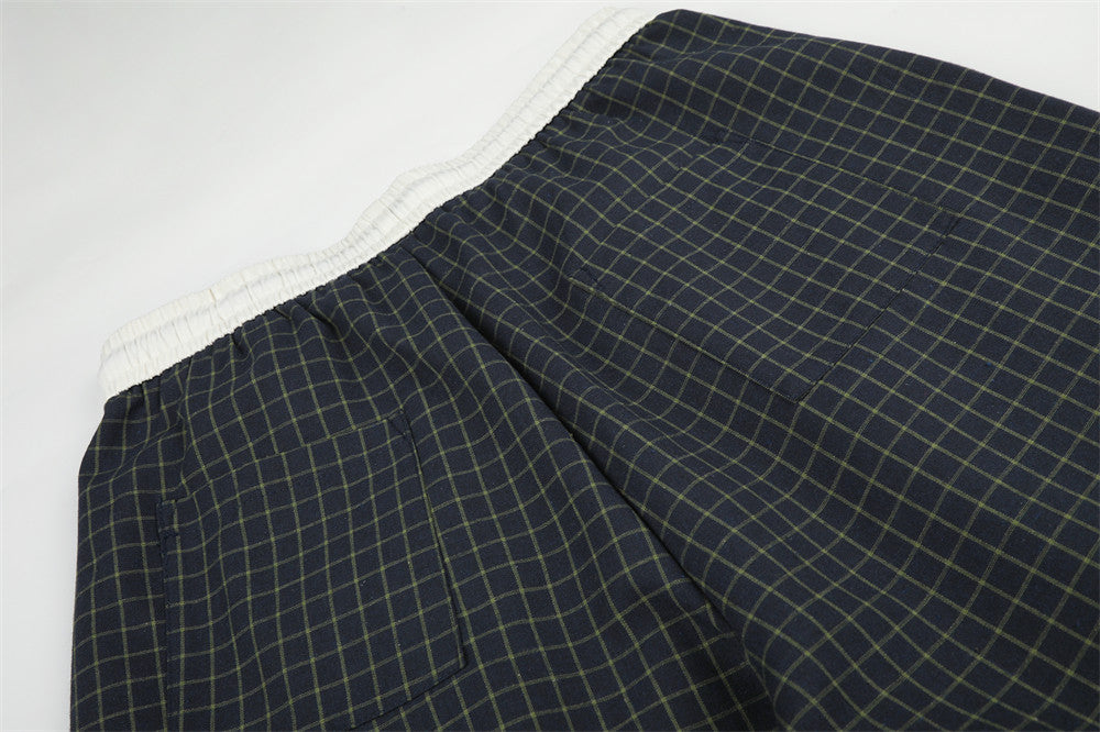 Plaid Wide-Leg Pants – Contrast Elastic Waistband, Relaxed Fit