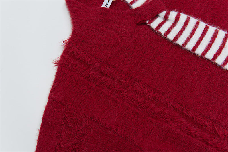 V-Neck Oversized Knit Sweater with Striped Scarf Detail