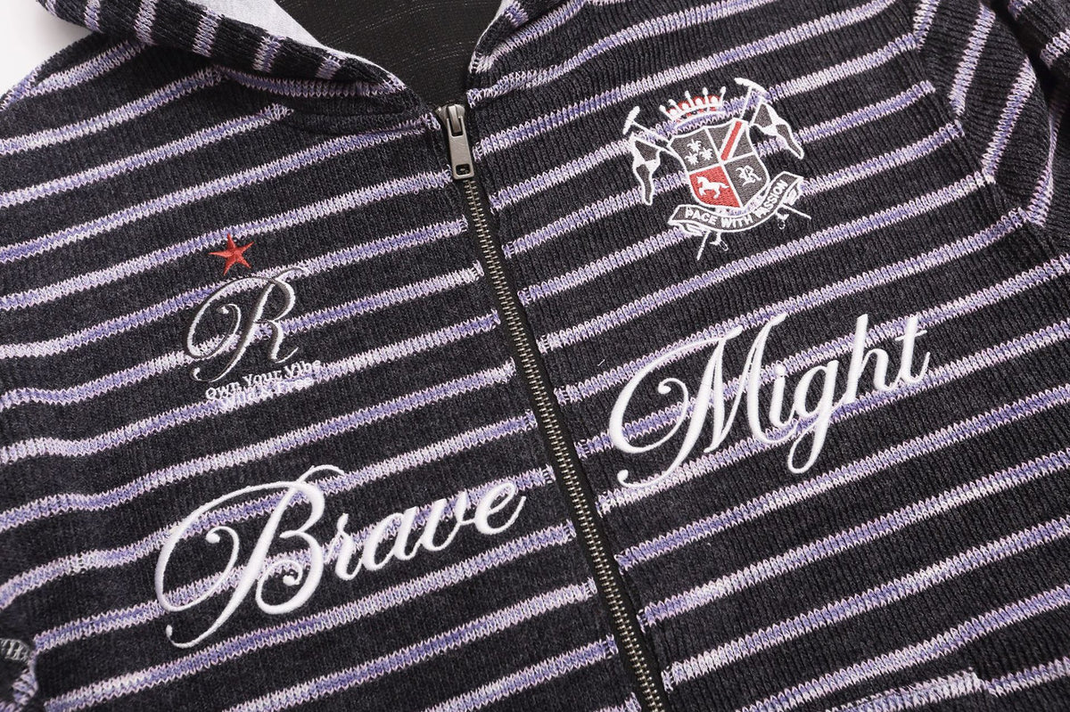 Zip-Up Sweater Hoodie Striped Embroidered Cardigan with Hood