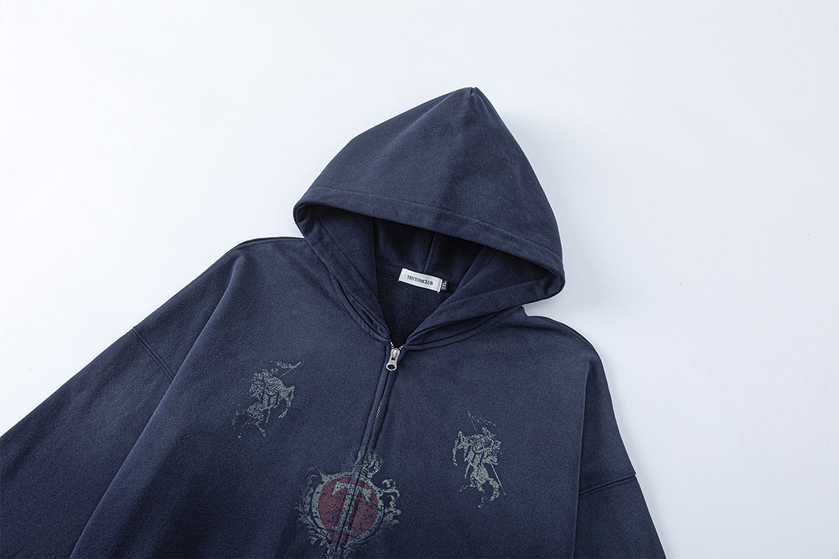 Sweat à capuche zippé avec motif chevalier vintage – Streetwear oversize délavé