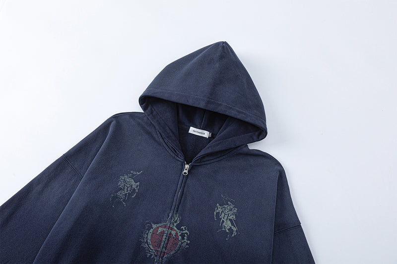 Sweat à capuche zippé avec motif chevalier vintage – Streetwear oversize délavé