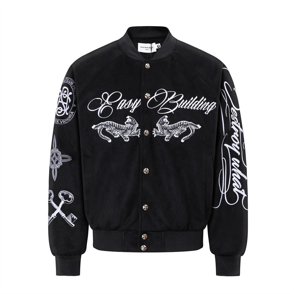 Varsity-Bomberjacke mit Schriftzug-Stickerei und Tiger-Motiv, Colorblock-Raglan