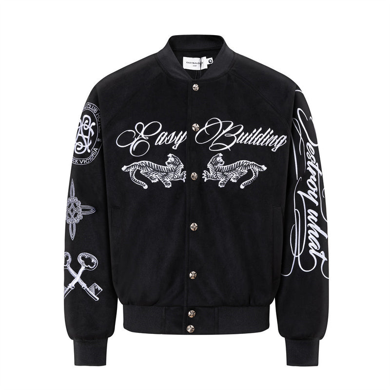 Varsity-Bomberjacke mit Schriftzug-Stickerei und Tiger-Motiv, Colorblock-Raglan