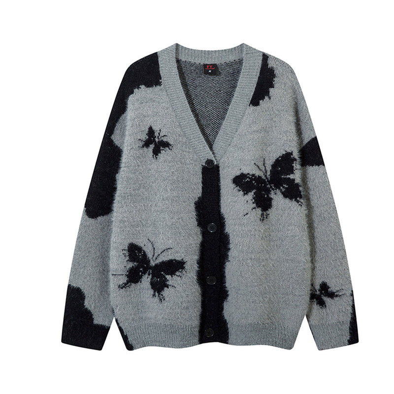 Gilet cardigan en maille jacquard papillon – Col V oversize, maille couple