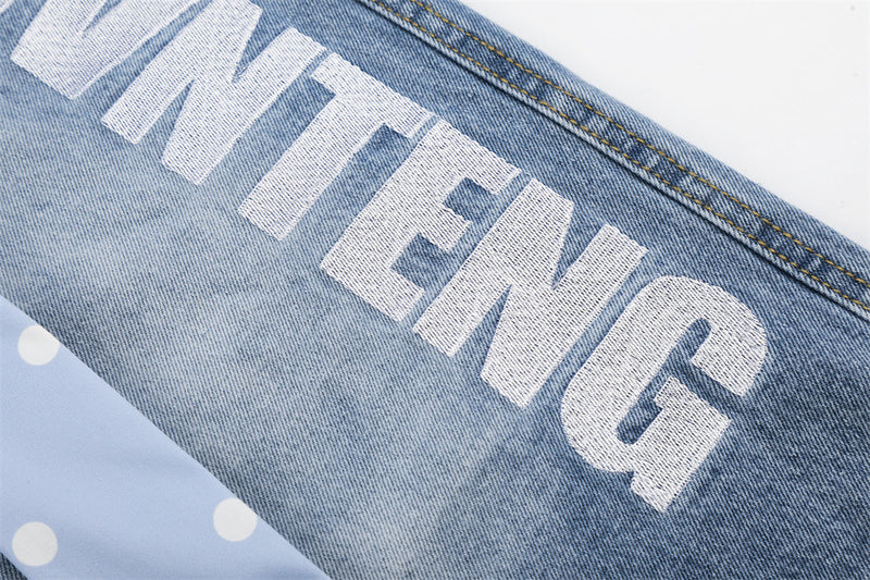 I Love RUNTENG Letter Print Wide-Leg Denim Shorts with Polka Dot Tie Detail