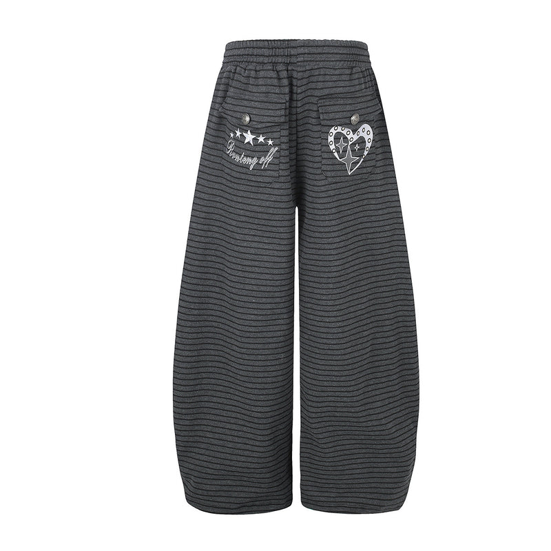 Wide-Leg Striped Sweatpants with Double-Button Detail & Drawstring Waist
