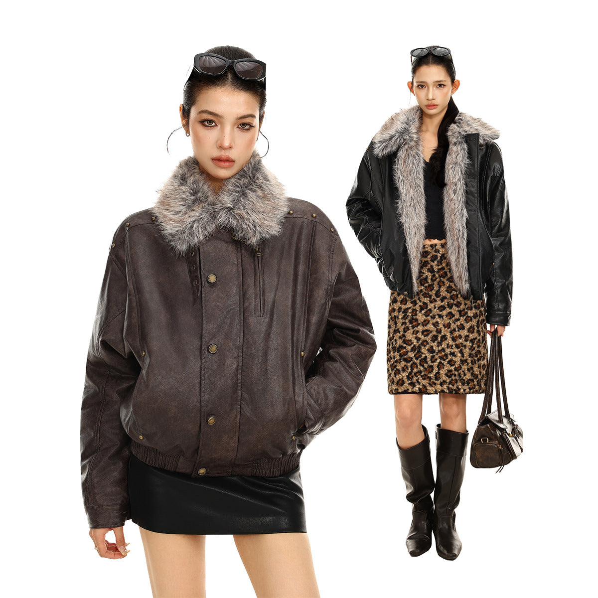 Model wearing a brown faux leather bomber jacket with gray fur collar and a second black jacket view