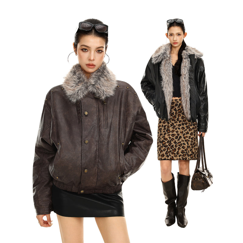 Model wearing a brown faux leather bomber jacket with gray fur collar and a second black jacket view