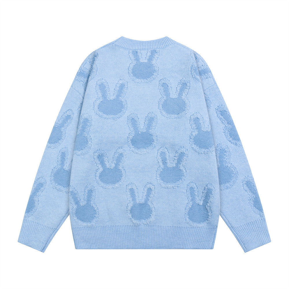 Light Pink Oversized Sweater – All-Over Bunny Jacquard Knit Pullover