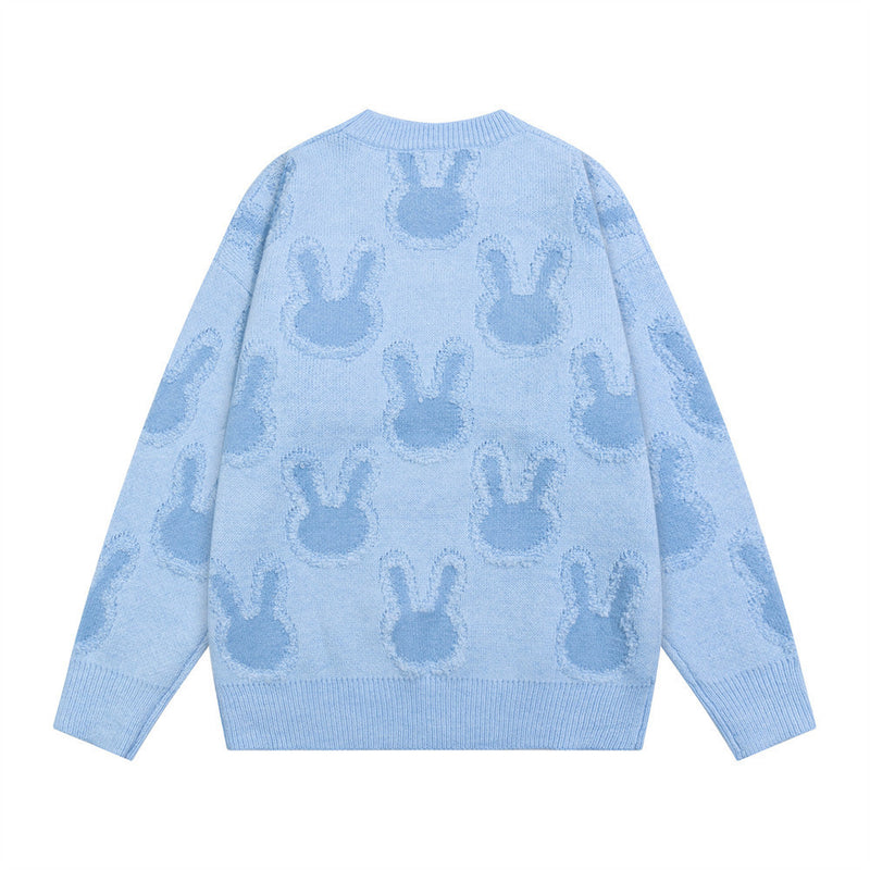 Light Pink Oversized Sweater – All-Over Bunny Jacquard Knit Pullover