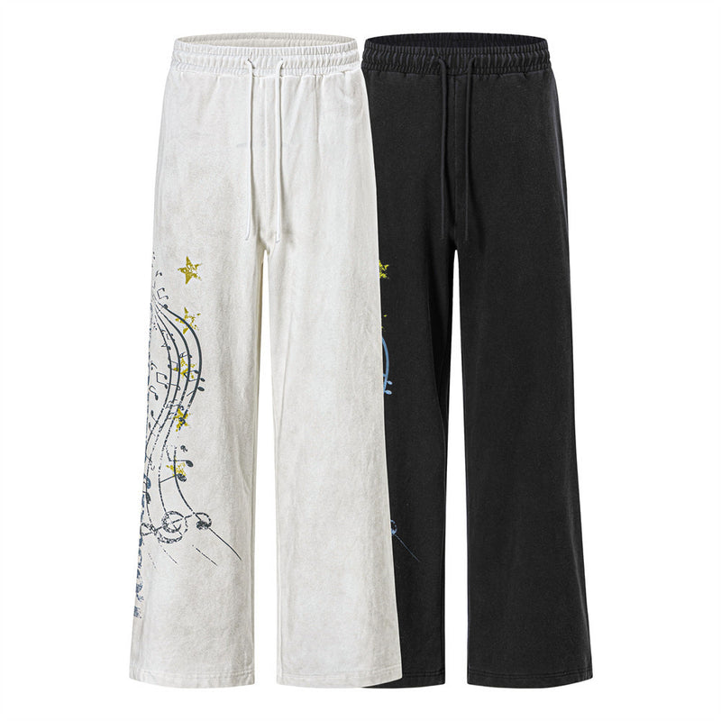 Men's Wide-Leg Sweatpants with Music Note Graphic Print