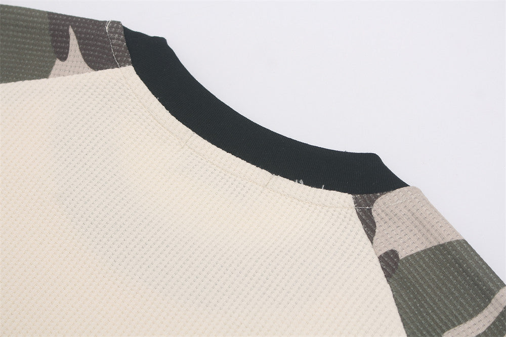 Long Sleeve Waffle Knit Shirt – Camo Raglan Sleeves & Graphic Print