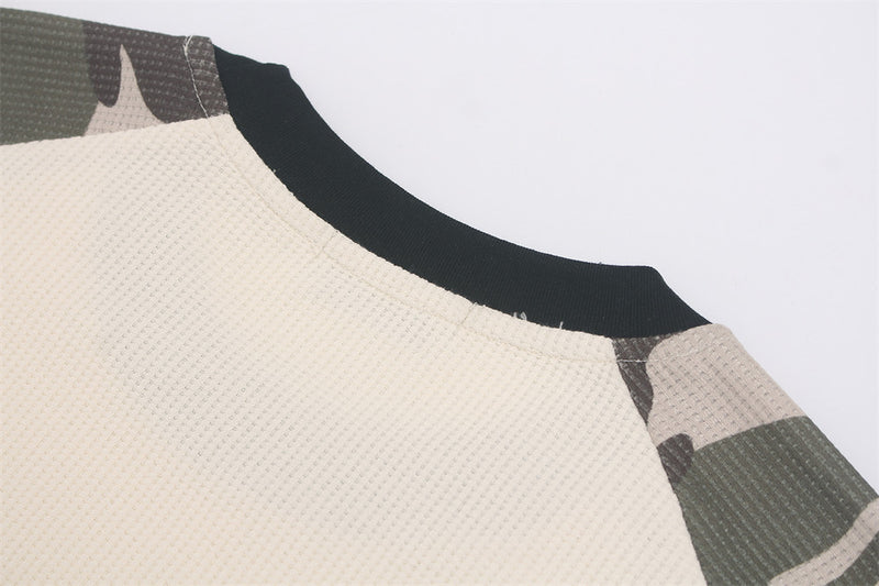 Long Sleeve Waffle Knit Shirt – Camo Raglan Sleeves & Graphic Print