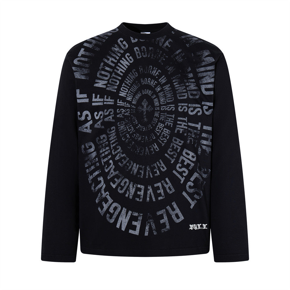 T-shirt homme oversize à manches longues avec imprimé texte spiralé effet usé et motif gothique en forme de croix, noir
