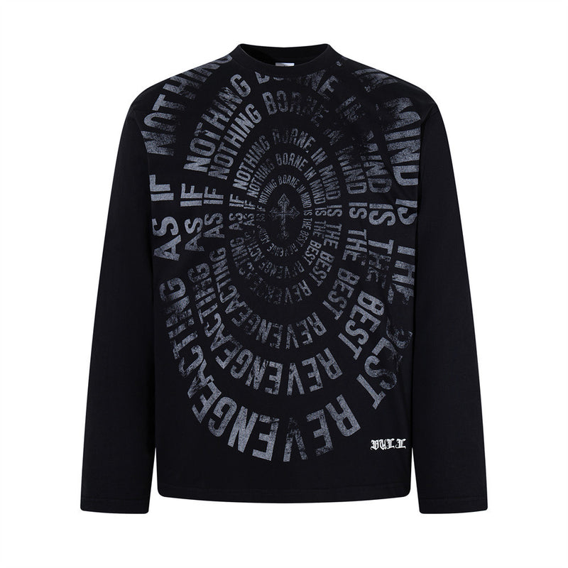 T-shirt homme oversize à manches longues avec imprimé texte spiralé effet usé et motif gothique en forme de croix, noir