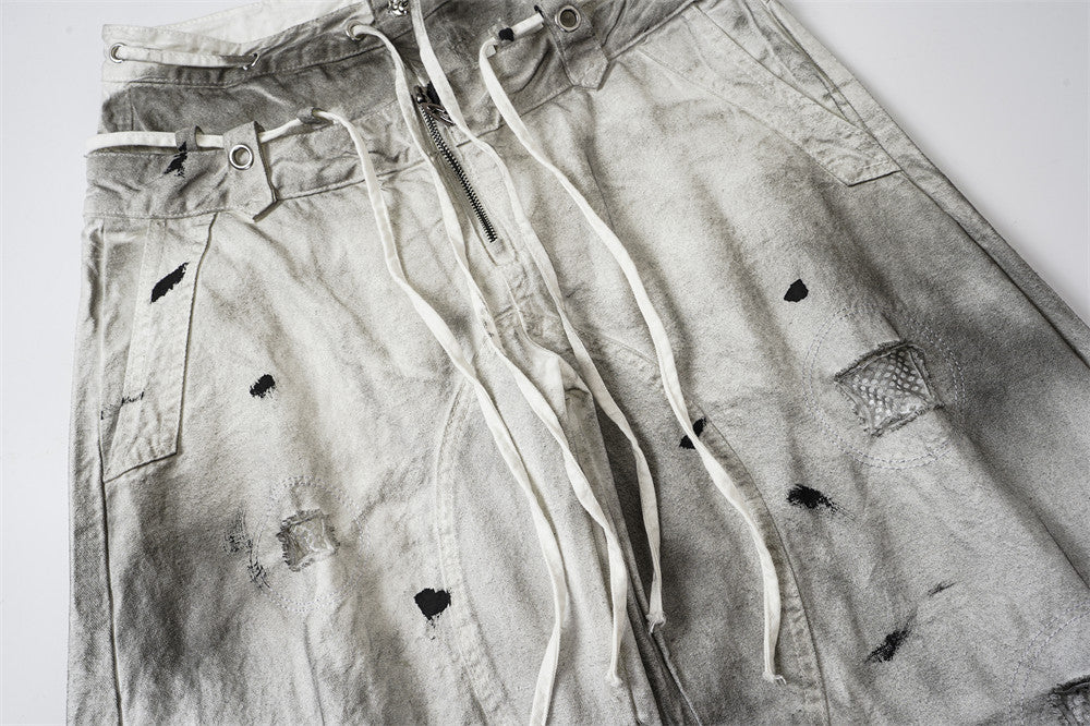 Distressed Wide-Leg Jeans | Grunge Punk Dirty-Wash Double Waistband Pants