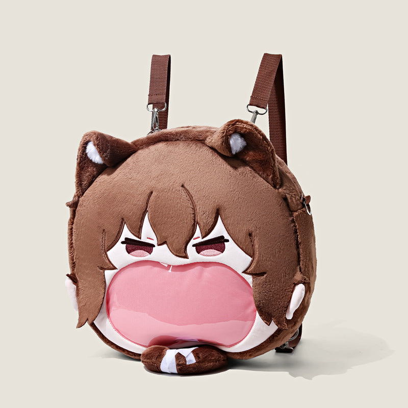 The Seakoff Bungo Stray Dogs Atsushi Nakajima Plush Shoulder Bag showcases a unique anime design with cat ears, brown hair, and a prominent pink transparent mouth pocket. Equipped with adjustable brown straps and a top zipper, it’s perfect for fans of distinct accessories.