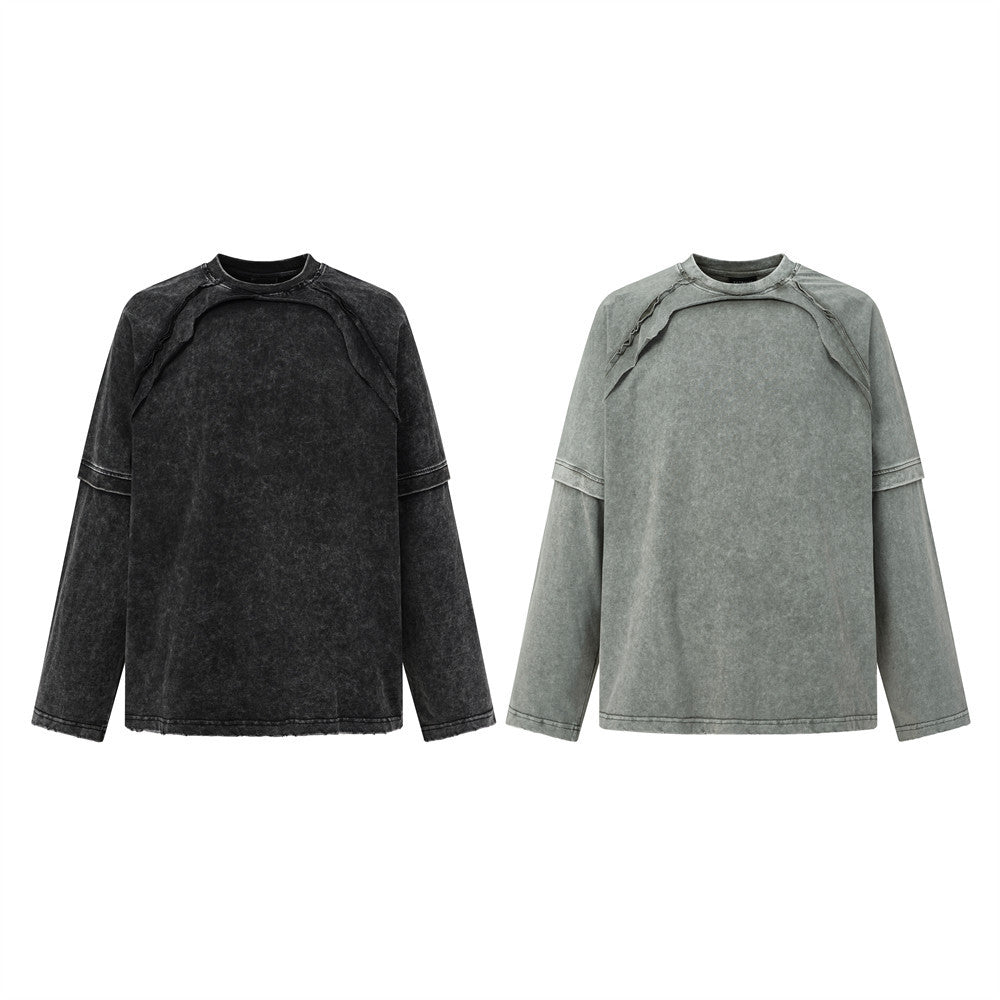T-shirt manches longues à double épaisseur effet superposé, délavé à l’acide – Col ras-du-cou punk pour homme à ourlet brut
