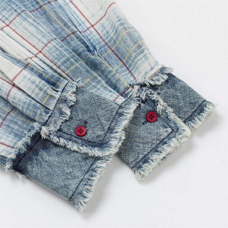Oversized Washed Plaid Long Sleeve Shirt with Denim Patch Detail