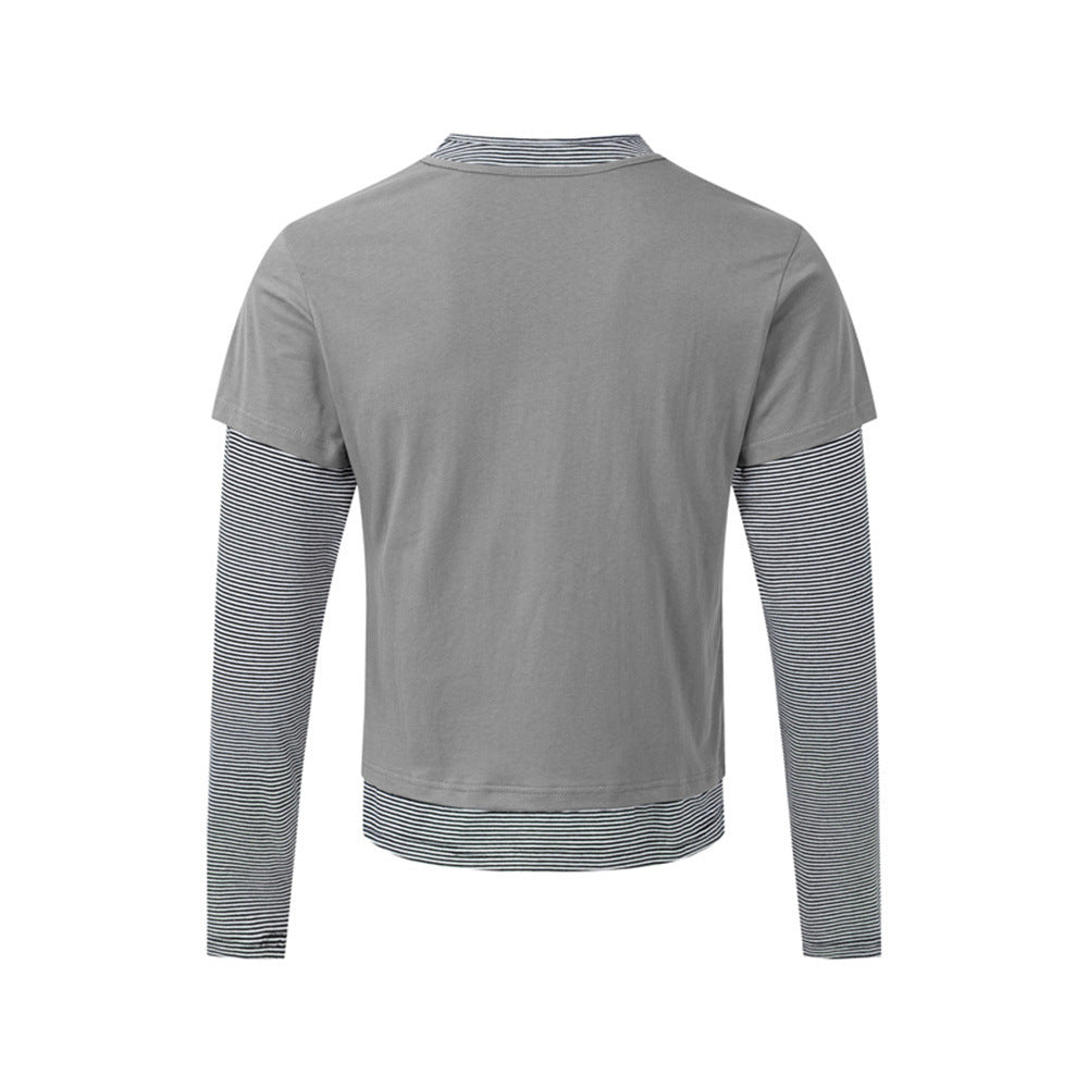 T-shirt graphique gris pour homme – Manches rayées superposées, imprimé tribal et manches longues
