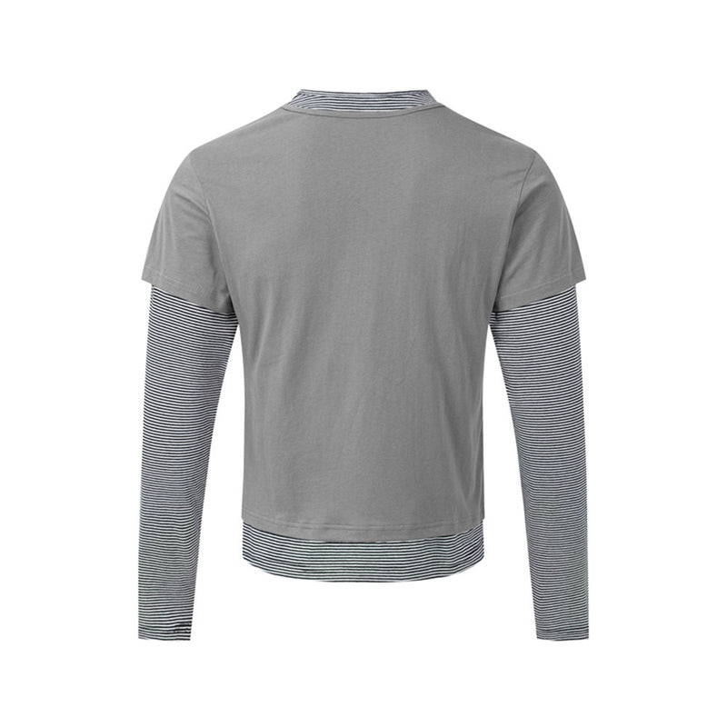 T-shirt graphique gris pour homme – Manches rayées superposées, imprimé tribal et manches longues